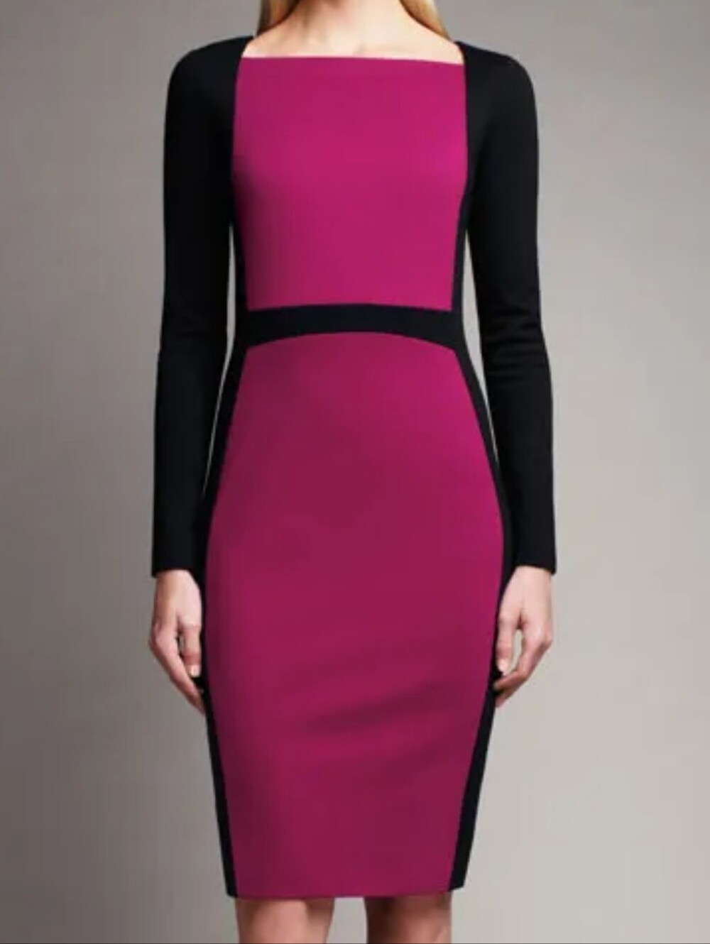 Narciso Rodriguez Magenta and Black Colorblock Square-Neck Midi Dress